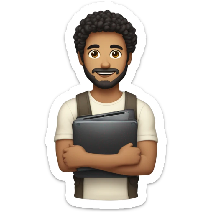 men holding his computer in hands. light brown skin men with curly black hair, dark brown eyes, little grown beard. little bit muscular. dressed casual. round face. sticker