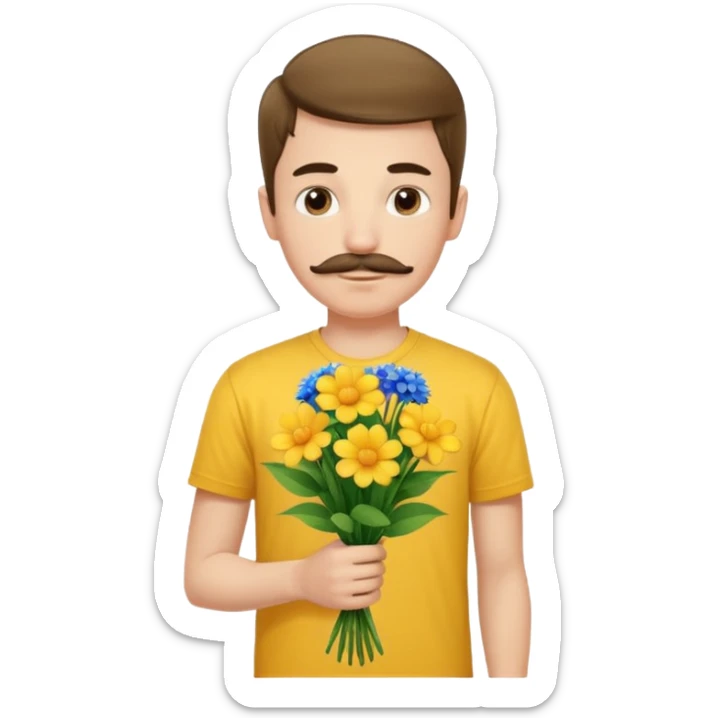 generate an ios genmoji of a 20 year old fair boy with 3 mustache hair. should look like he cant grow a mustache., carrying a flower bouquet, wearing a yellow tshirt, looking shy sticker