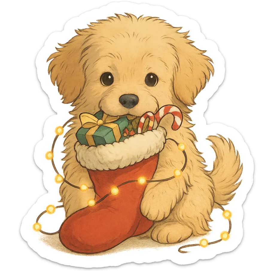 a fluffy golden retriever puppy holding a Christmas stocking full of gifts and tangled in fairy lights, Ghibli style sticker