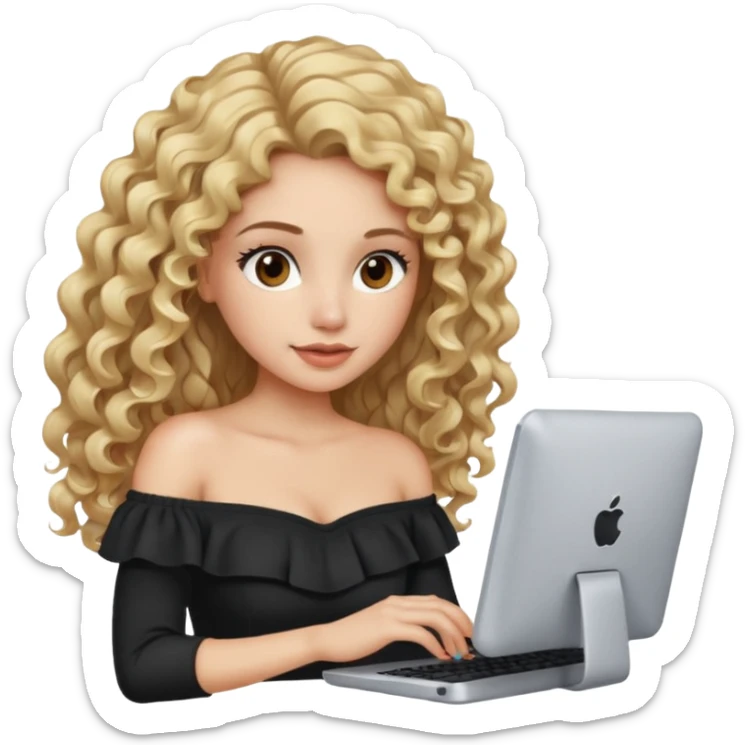 woman with long curly blond hair, brown eyes, wearing an off-shoulder top, on computer  sticker
