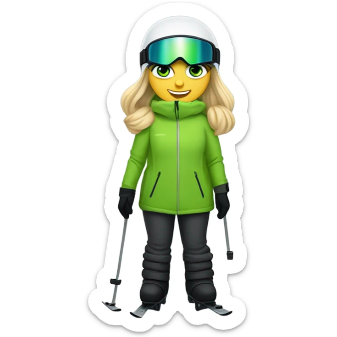 Green-eyed, fat female skier with medium-length straight blonde hair no curls, snow goggles on top of helmet, white ski helmet, gray snow jacket, green ski gloves, long black pants rolled up at the bottom, black only snow boots standing tall. sticker