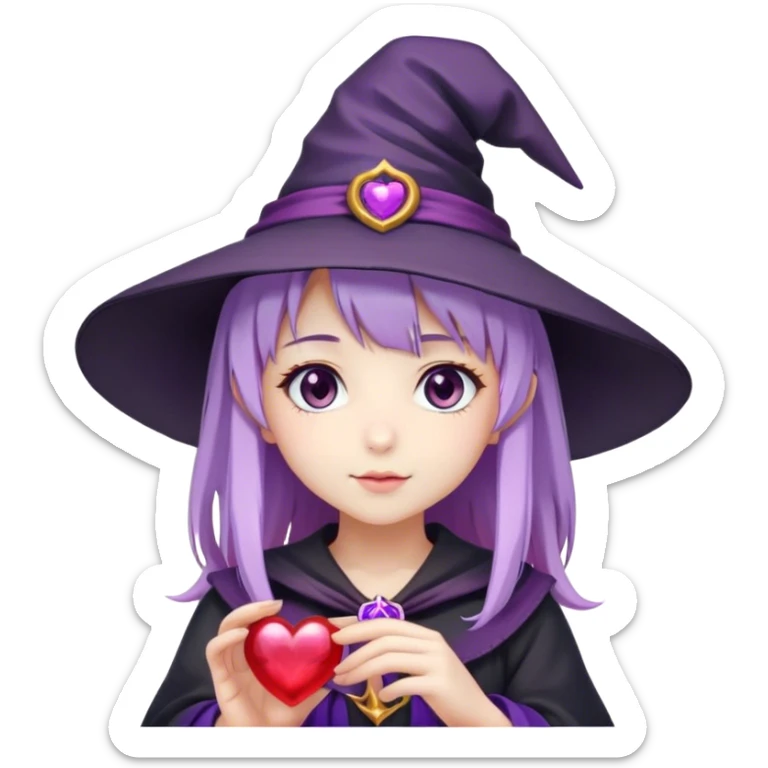 anime girl with lilac hair in a witch hat holding a purple heart sticker