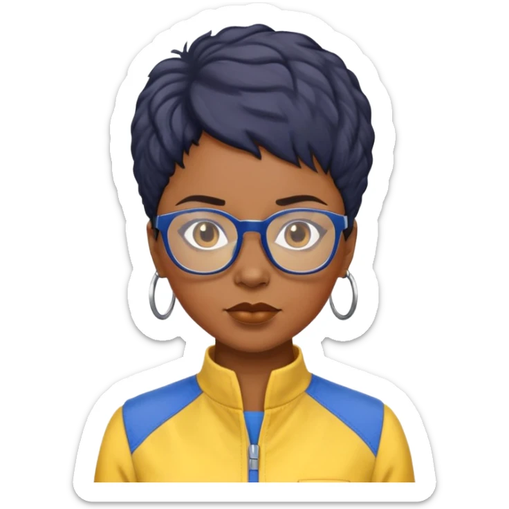 stern Black woman with short textured hair, glasses, wearing blue and yellow jumpsuit, front-facing sticker