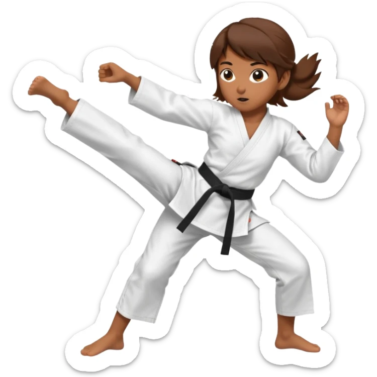 Ragazza castana che pratica karate, ha la cintura nera ed io tradizionale kimono bianco del karate, tira un calcio laterale  sticker