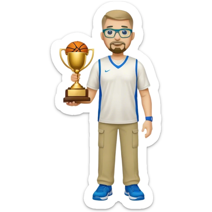 full body white chunky male basketball coach with trophy. Goatee , Wearing glasses and blue and green polio and khaki pants sticker