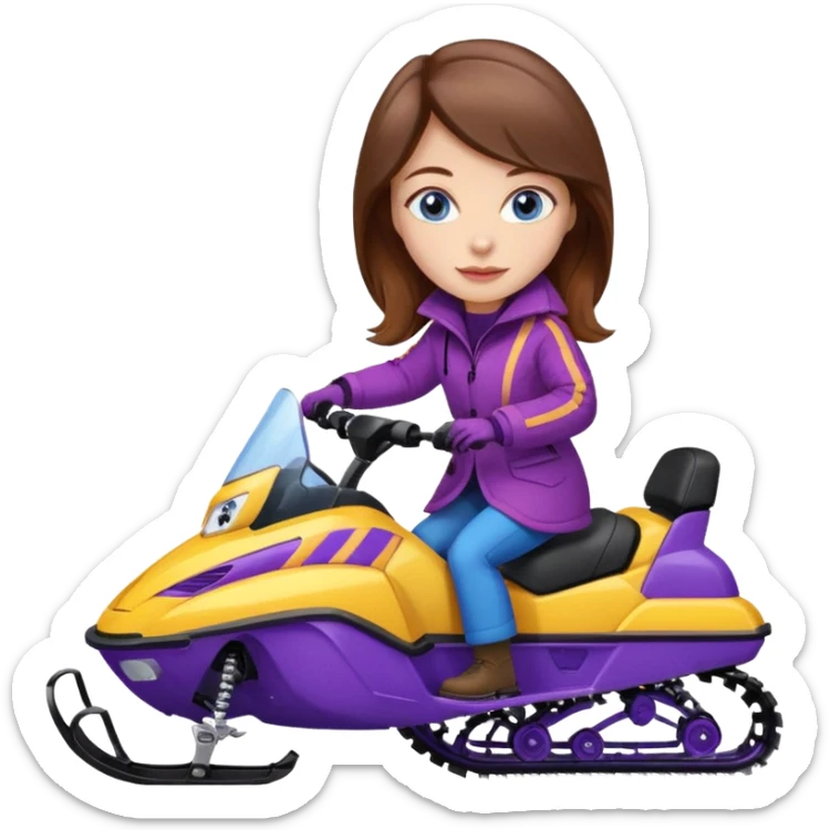 Brown hair, very blue eyes, Woman wearing a red coat  on purple and yellow striped snowmobile sticker
