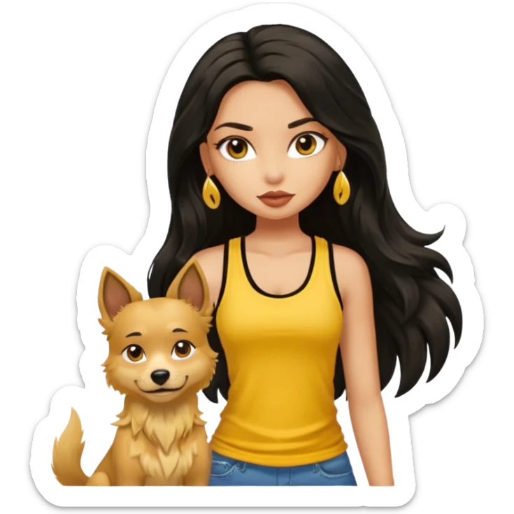 a tan pretty bratz girl with long wavy black hair, wearing a yellow tank top with a street dog sticker
