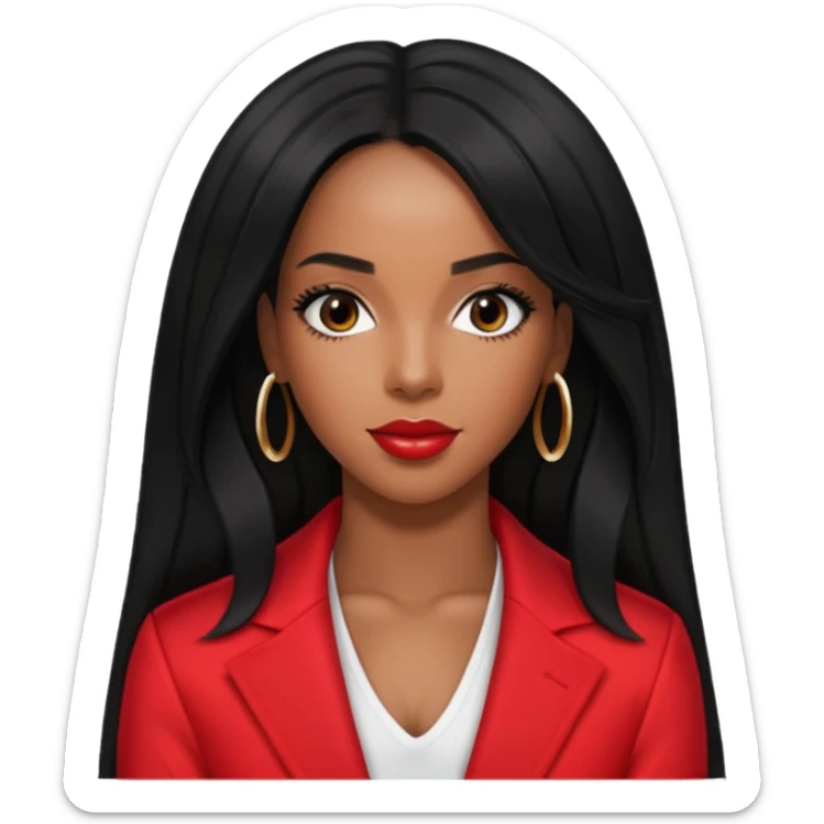 Kelly Rowland from Destiny's Child with long jet black hair, red outfit sticker