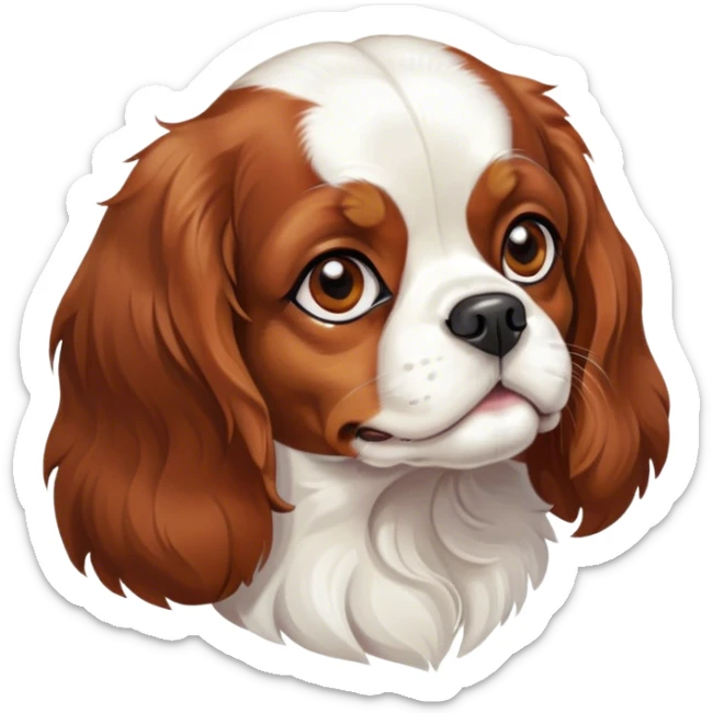 Cinematic Noble Blenheim Cavalier King Charles Spaniel Portrait Emoji, Poised and regal, with a graceful, medium build and a well-groomed Blenheim coat featuring rich chestnut and white markings, soulful brown eyes, Simplified yet sharp and sophisticated features, highly detailed, glowing with a soft, dignified glow, high shine, intelligent and affectionate, stylized with an air of elegance, focused and attentive, soft glowing outline, capturing the essence of a watchful and refined companion, so majestic it feels as though it could step out of the screen with effortless authority! sticker