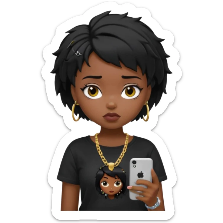 generate a pretty bratz girl with short black very messy hair, looking tired and using her phone, wearing an oversized black tshirt sticker