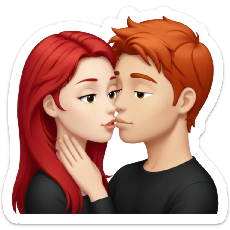 Long red hair woman kissing cute tan guy with short black hair sticker