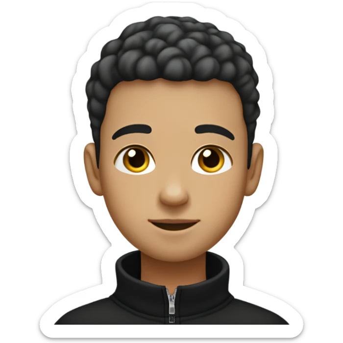 boy with light skin, buzz cut, no facial hair, wearing a smart black quarter zip jumper with white t shirt underneath. sticker