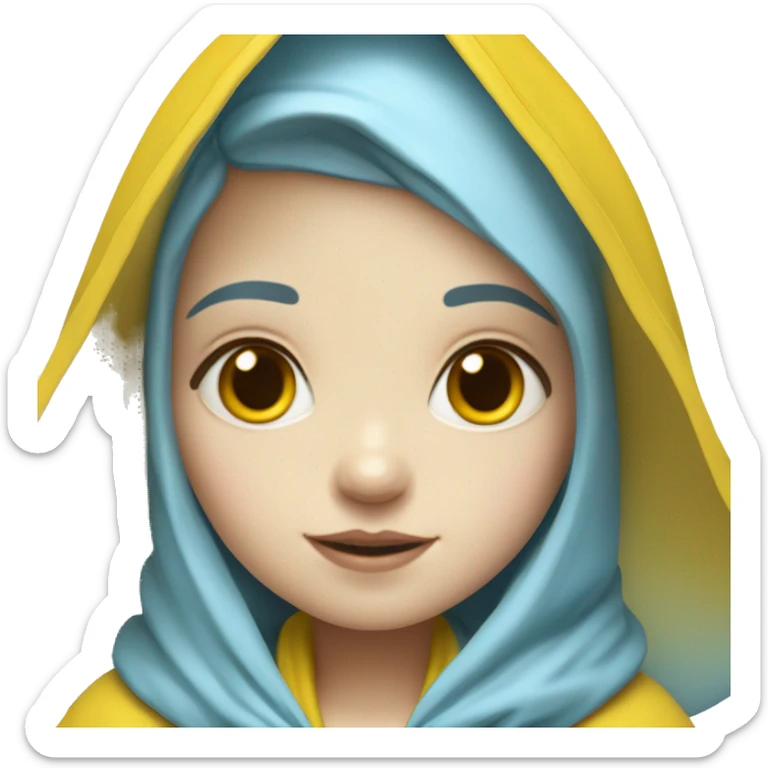 Cute little girl pale skin with light blue hair wearing a yellow raincoat hood up with rosary  sticker