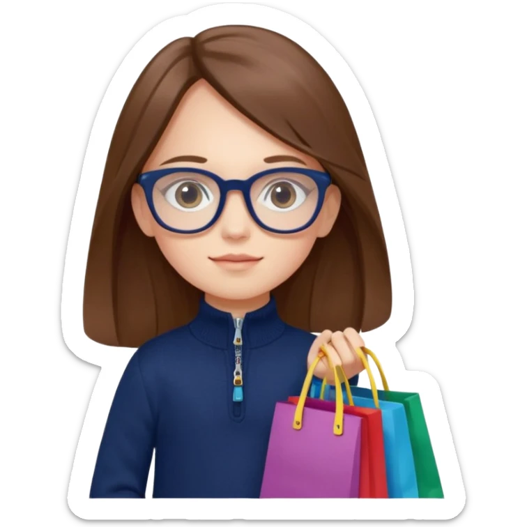 A little girl (he usually calls her baby), who is obsessed with shopping and luxury brands and holds a dozen of bags, she wears navy blue half zip sweater and holds 10 bags and she has long brown hair with Prada eyeglasses  sticker