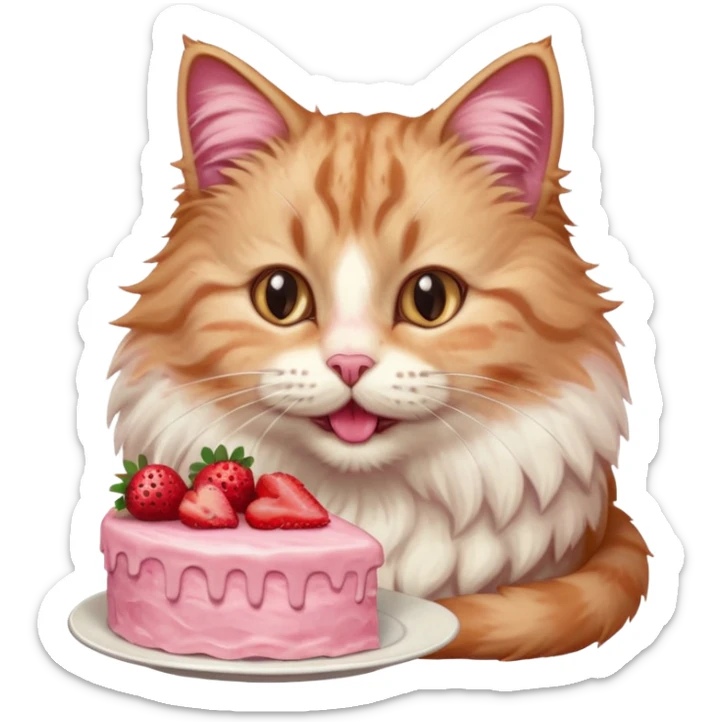 Close-up portrait of a fluffy cat eating a strawberry cake, pink cream on its nose and whiskers, detailed fur texture, soft natural light, shallow depth of field, high resolution, cute and candid moment
, sticker