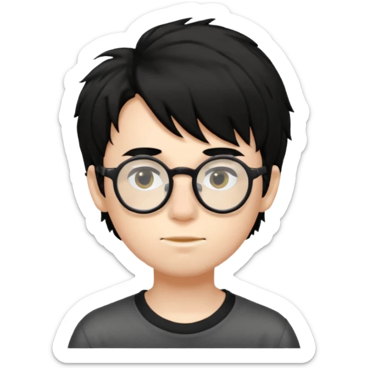 pale skin, black shaggy hair boy, big glasses that's tip on his nose and teenager  sticker