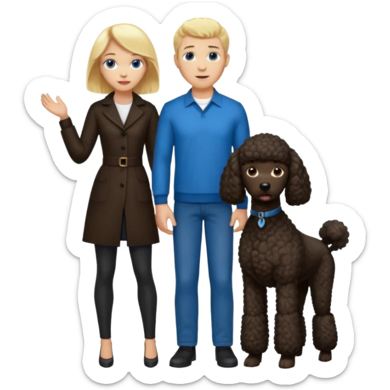 Create an emoticon depicting two people. One person is a tall man with blonde hair and blue eyes. The other is a shorter woman with dark brown hair, brown eyes, and brown skin. Between them, there is a large black poodle standing. sticker