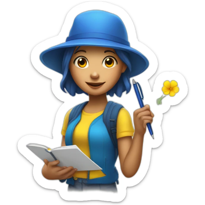 a girl in a blue hat with a yellow mallow holds a pen and a notebook in her hand sticker