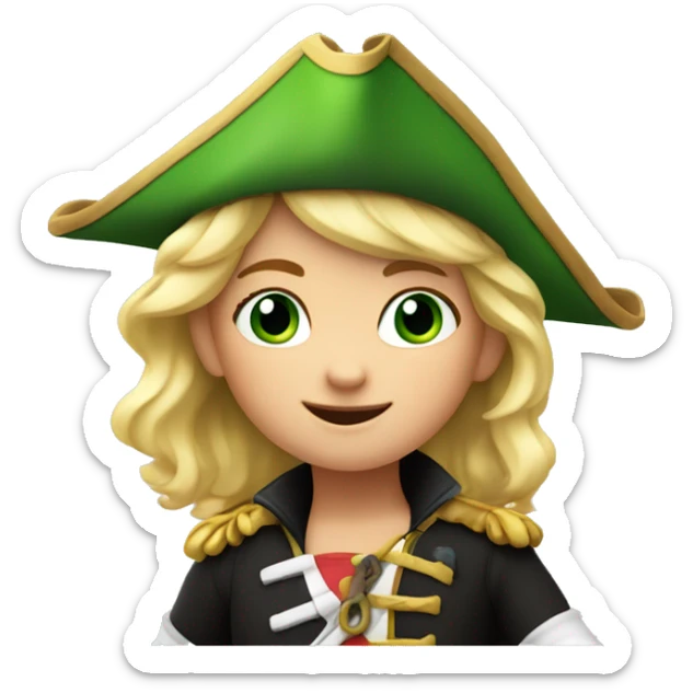 Female kid pirate, green eyed, blonde hair, dressed with pirate clothes, pixar style, 4k, smiling, with parrot on shoulder sticker