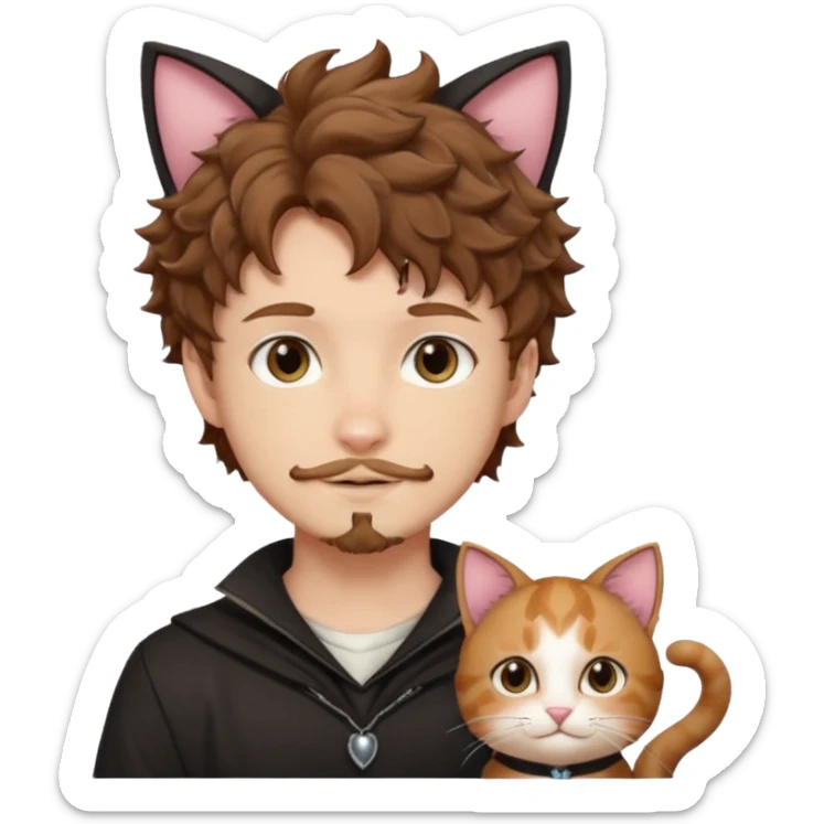 white boy with cat tail with goatee hair and cat ears with brown hair and anime features woth curly hair  sticker