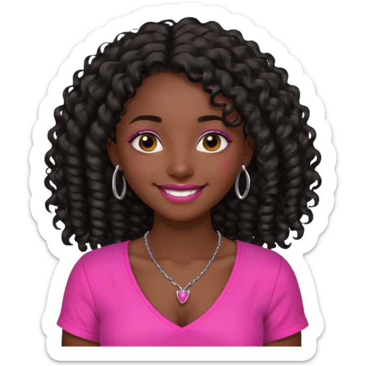 Dark skin girl with long black curly hair with 4 edges 2 on each side wearing a hot pink v-cut neckline shirt with a simple silver necklace sticker