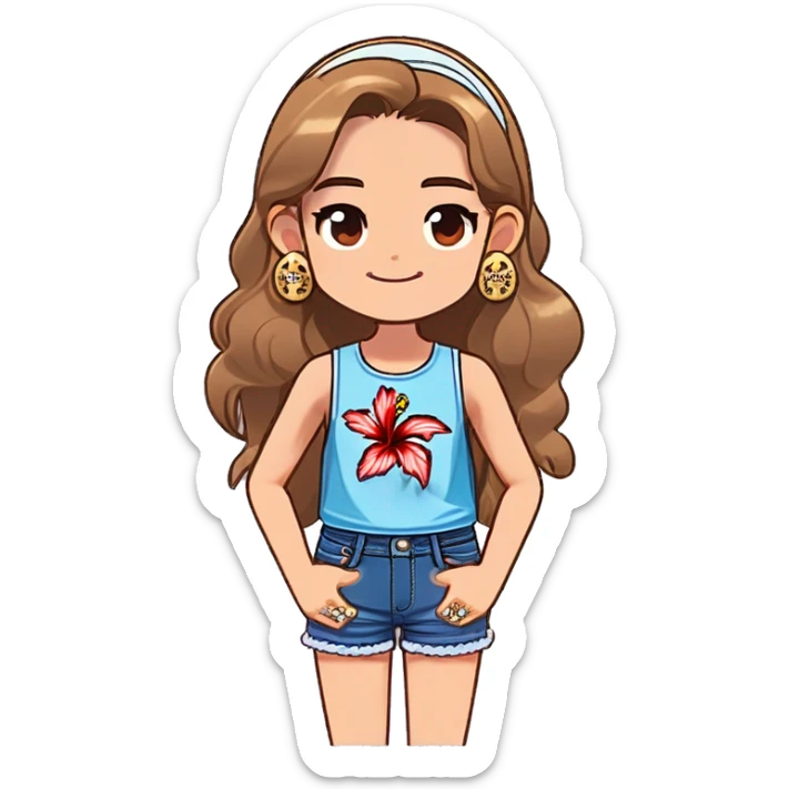 teen girl with light brown hair wearing a light blue and white tank top with lace and a pair of denim shorts. She has a hibiscus behind he right ear. She is wearing a gold chain around her neck, and little gold starfish earrings sticker