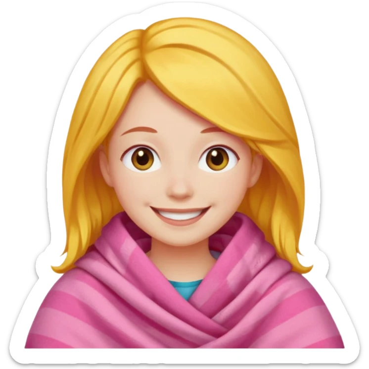 happy smile emoji red cheeks in pink blanket dark yellow hair sticker