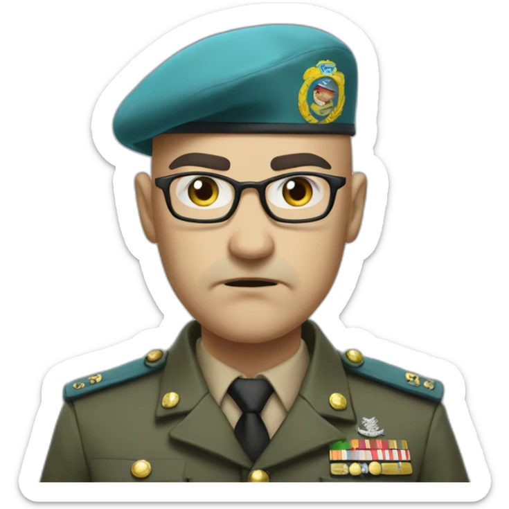 Realistic cyan beret bald very furious general with glasses no hair furious very angry frown with khaki uniform sticker