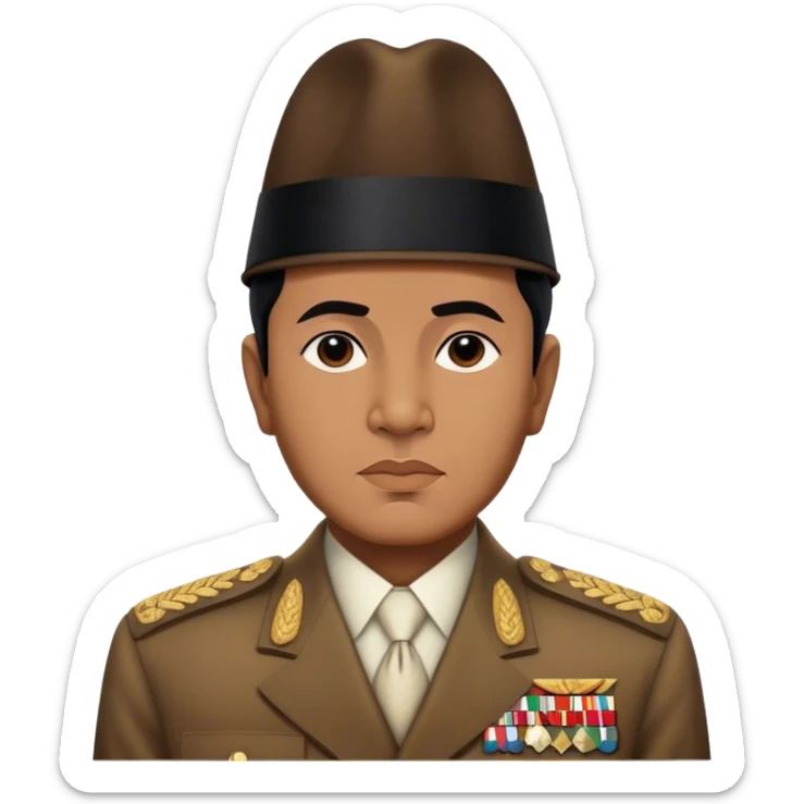 ​Cinematic Realistic Portrait of Sukarno, depicted in a lifelike, realistic style based on his iconic portrait, showcasing his thoughtful, charismatic expression in period attire, rendered with detailed textures and warm, evocative lighting that captures his pioneering spirit and national pride, sticker