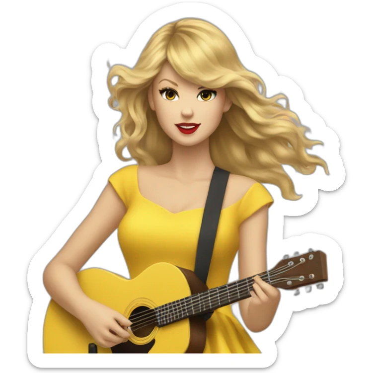 Taylor swift with a yellow dress and hair in the wind playing guitar sticker