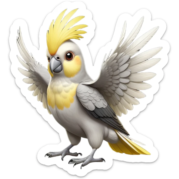 cinematic-[cockatiel]-realistic-full-body-perched-emoji,-wings-tucked-neatly,-head-tilted-dramatically,-sleek-[yellow and grey]-feathers,-simplified-yet-realistic-focused-features,-highly-detailed,-glowing-with-an-almost-sarcastic-glow sticker