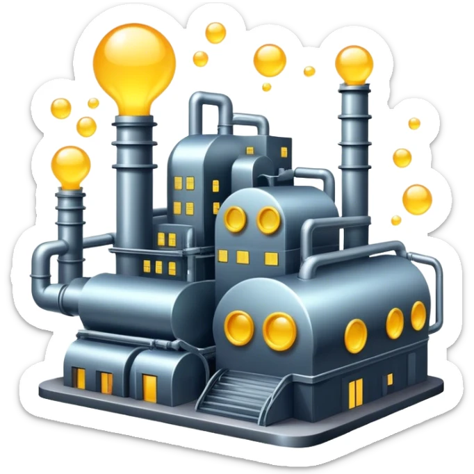 An emoji of a factory, but instead of smoke, creative ideas are coming out as glowing bubbles. sticker
