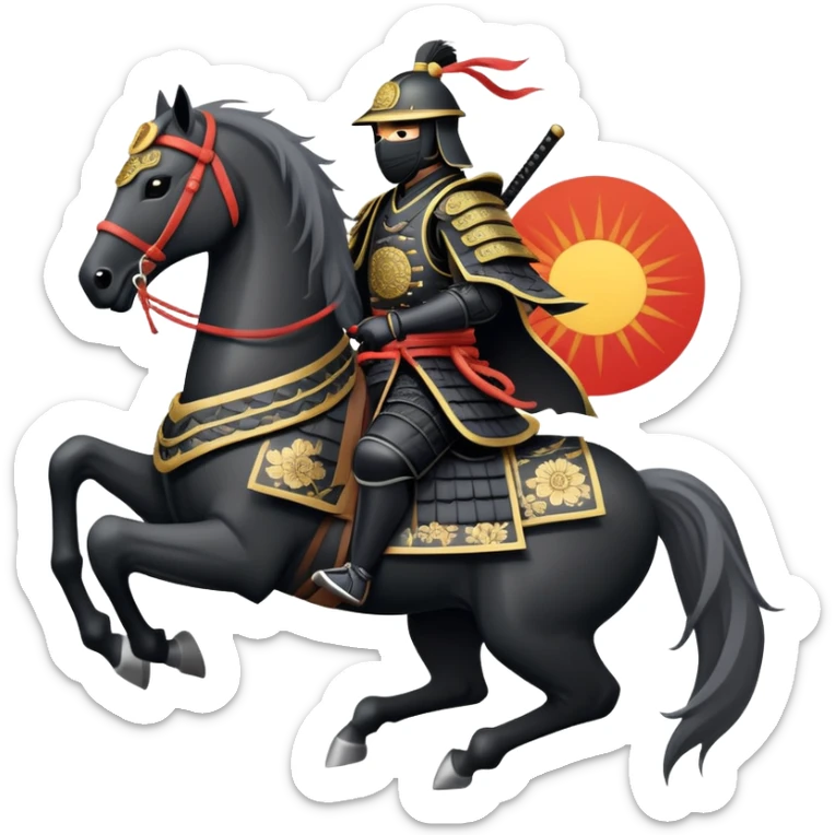 clash-of-clans-aesthetic_-cinematic-fearsome-and-majestic-samurai-bust-portrait-emoji, rendered in a flat, vector-style with minimal shading and bold, simplified shapes typical of emoji art, depicting a battle-hardened samurai with black mask and traditional black Japanese armor. The samurai is riding a noble grey warhorse adorned with an intricately designed saddle and fluttering banners and a rising sun. a zoomed insamurai riding on a  horse sticker