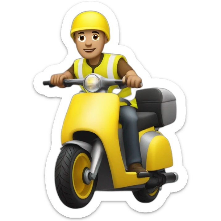 a bald man with a yellow safety vest and a yellow bicycle helmet on a scooter sticker
