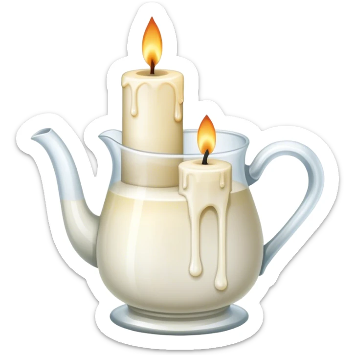 Candle making icon, candle with a wick, melting wax, wax blocks, pouring jug, wick holder, minimalistic style, clean lines, transparent background. sticker