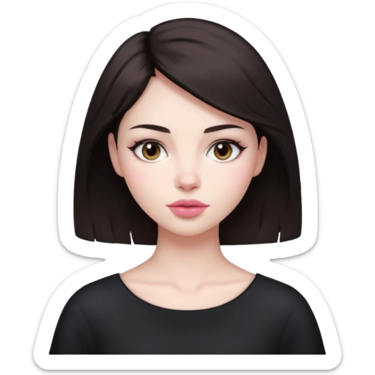 my hair is dark brown almost black, reaching my shoulder. the haircut is wolfcut, pretty lasher hut not thick. slightly pink lips. sticker