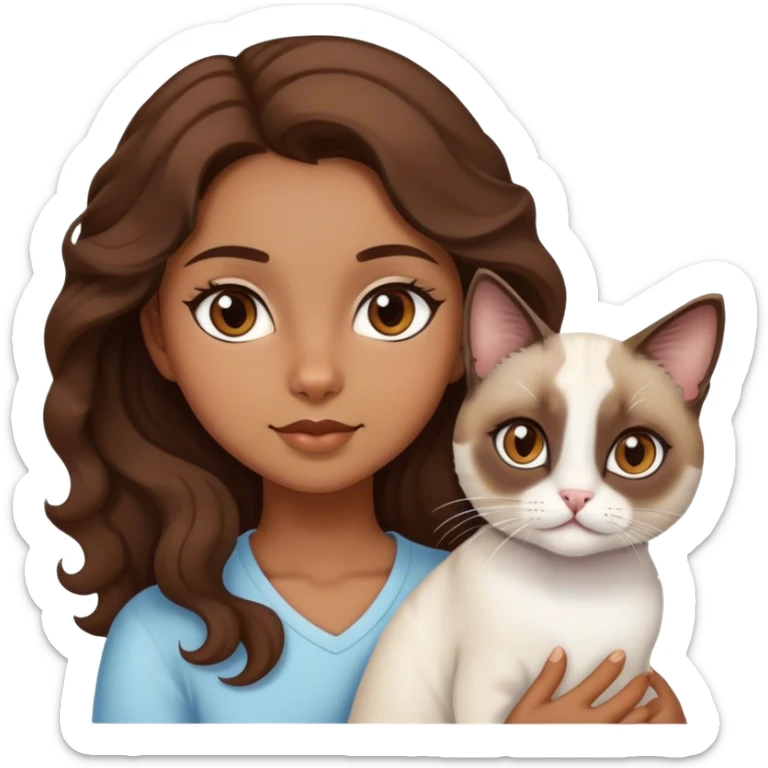 brown girl, brown eyes, wavy hair and siamese cat and white cat sticker