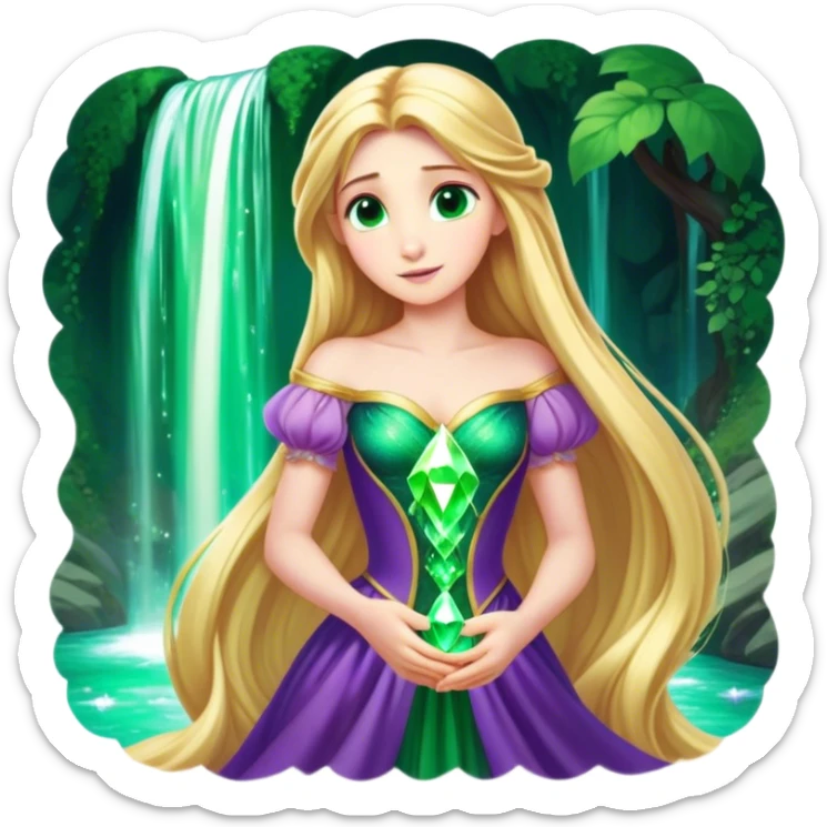 Cinematic Stunning Rapunzel Portrait Emoji, Golden hair cascading in a luminous waterfall, big emerald-green eyes full of wonder, wearing her iconic purple gown, radiating beauty and magic, glowing with fairy-tale charm! sticker