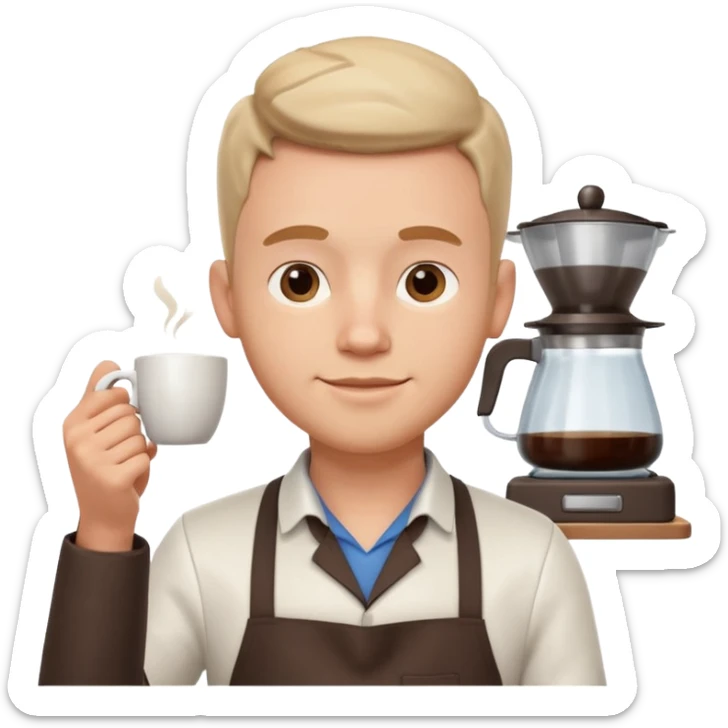 male barista portrait, head and shoulders only, wearing apron collar, holding a coffee cup, confident friendly expression, cafe worker vibe, 3D cartoon, mobile game icon style, clean background, no text, no watermark
 sticker