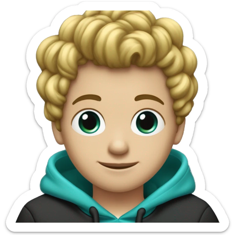 Garçon aux cheveux bouclés brun mèche de cheveux blanche à gauche yeux turquoises porte un sweat-shirt noir et trois piercings noir à l'oreille droite  sticker