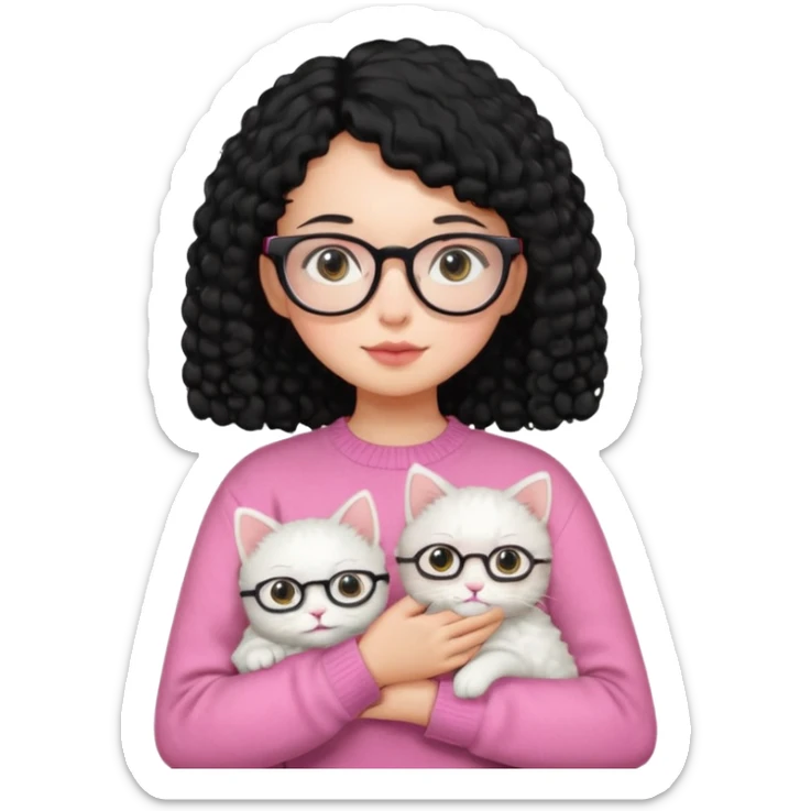 a girl with a black perm hair, wearing a pink sweater and glasses, holding a cute white cat, only upper body sticker