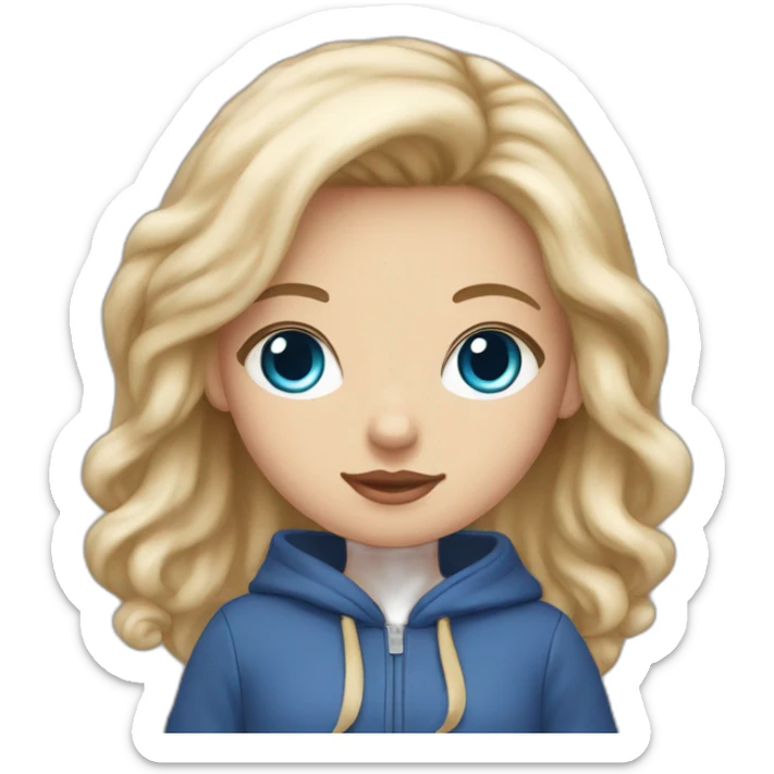 A girl have blue eyes and dark blonde hair and wearing a hello kitty hoodie sticker