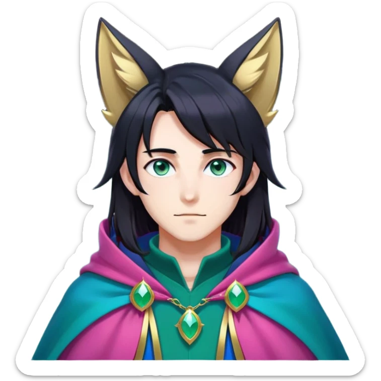 anime man with long-straight-dark-black hair, long black fox ears with pink Scapha, colorful-gradient-brown-turquoise eyes, gold earring, dark-blue-sweater, green cape, white pupils sticker