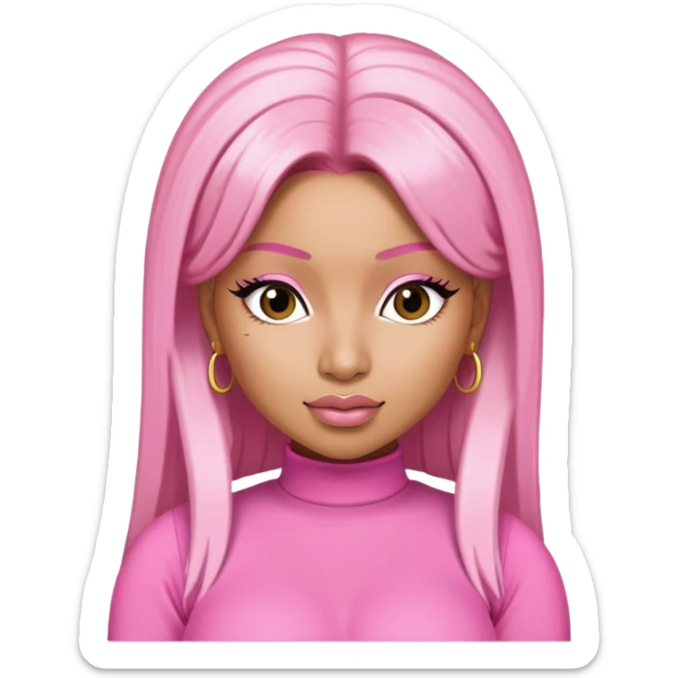 Nicki Minaj wearing a pink outfit with blonde and pink hair sticker
