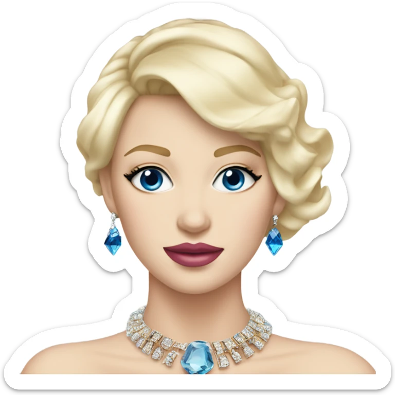 pink lips, white skin , straight blonde short haired woman with blue eyes wearing expensive jewelry sticker