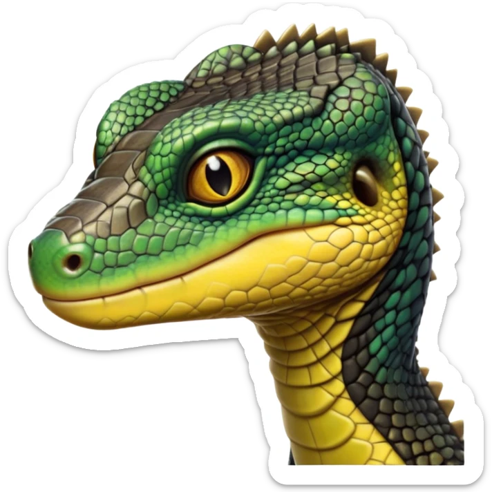 cinematic-realistic-cute-monitor-lizard-portrait-emoji,-head-tilted-playfully-and-inquisitively,-featuring-a-compact,-agile-body-with-finely-detailed,-glossy-scales-in-earthy-black and yellow-hues-and-a-distinct,-alert-face-with-bright,-curious-eyes, black , yellow spotted and green band  scales and a slender neck sticker