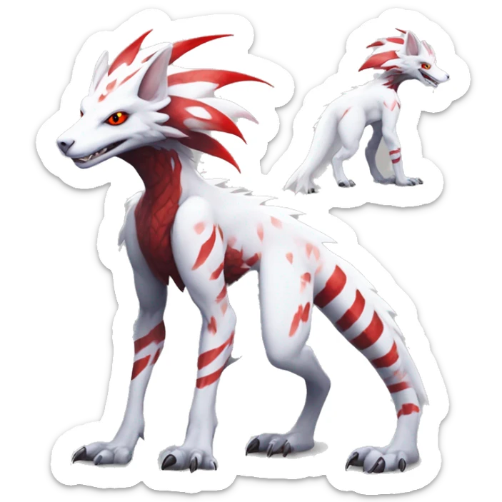 White edgy cute badass epic anthro modern albino sergal-vernid-Fakémon with red mane and red eyes with red edgy stripe patterns, full body sticker