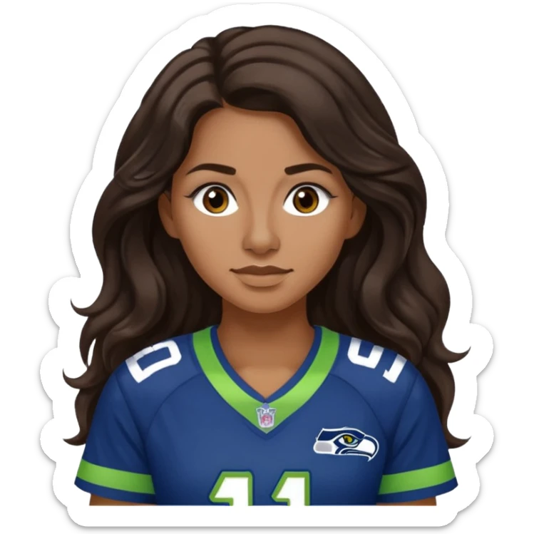 Long wavy Dark brown hair, brown eyes with small nose ring of seahawks fan women sticker