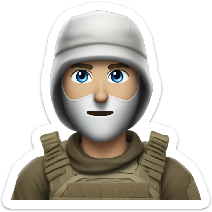 White male, call of duty black mask, camo tactical gear, tan combat boots, black beanie, blue eyes sticker