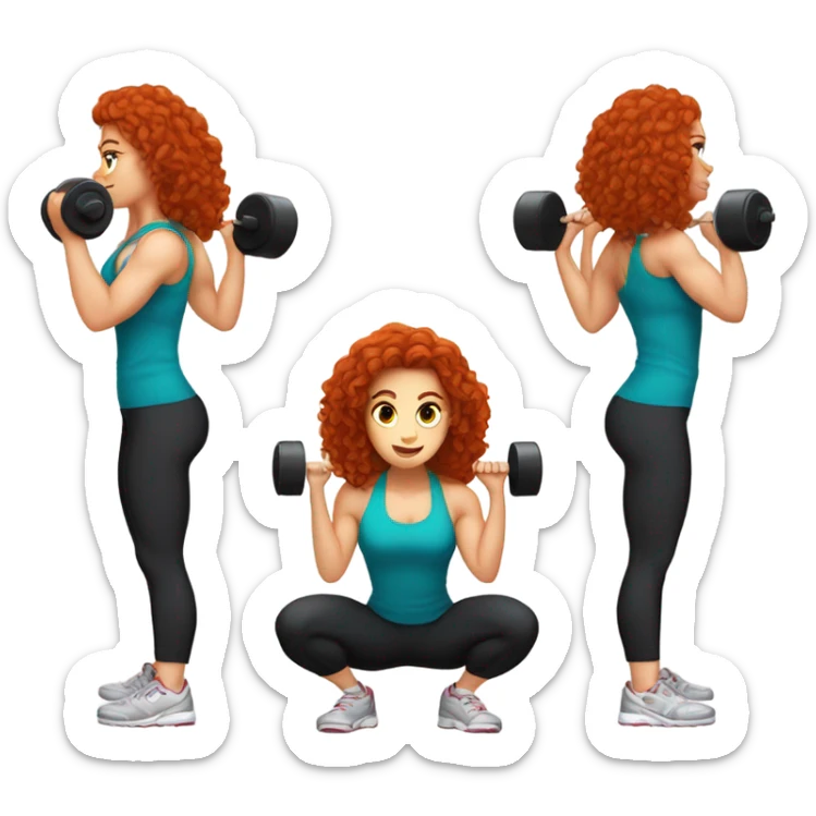 Sporty white Girl coach with long curly red hair doing squat with heavy weights sticker
